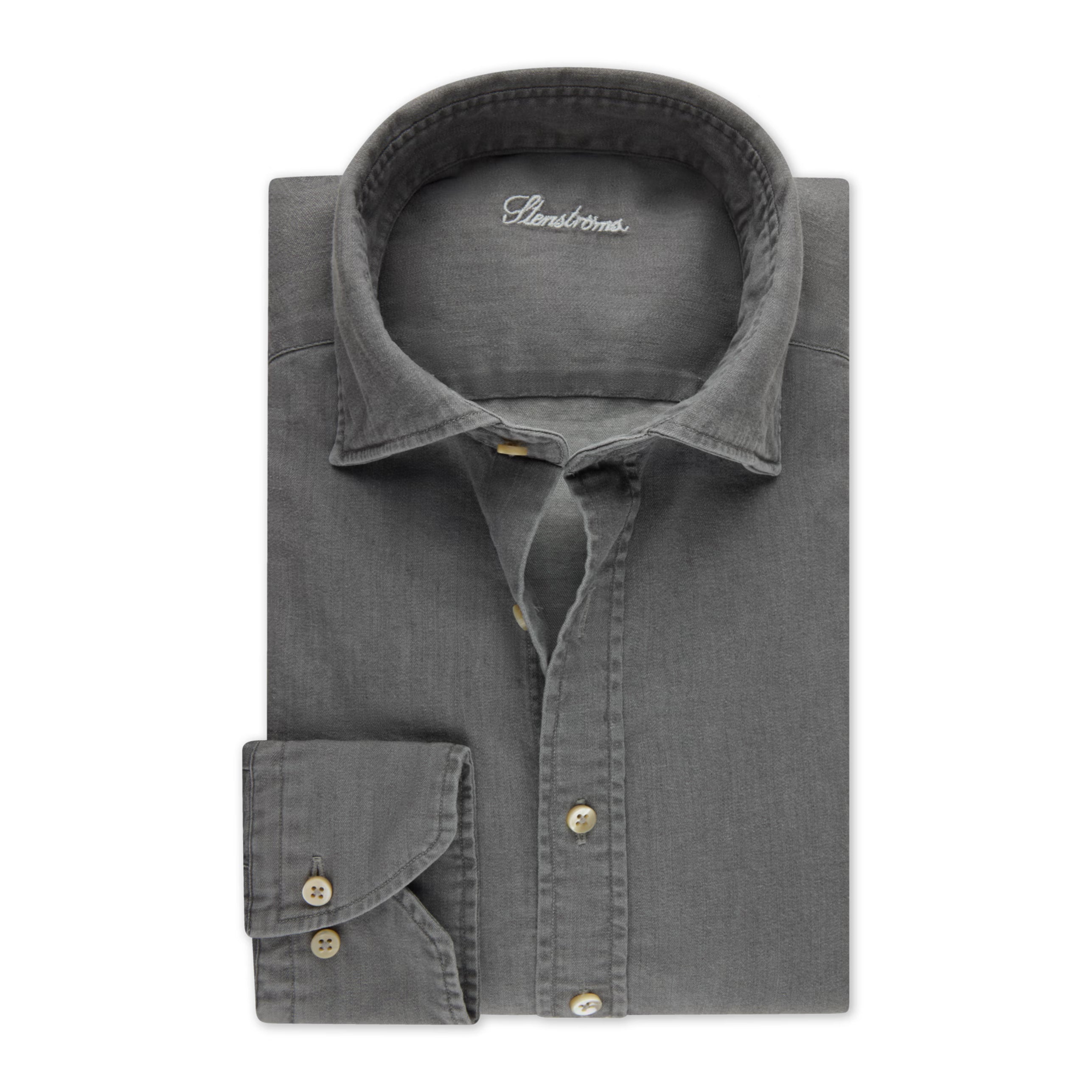 Gray Denim Cotton-Stretch Slimline Casual Shirt - Stenströms