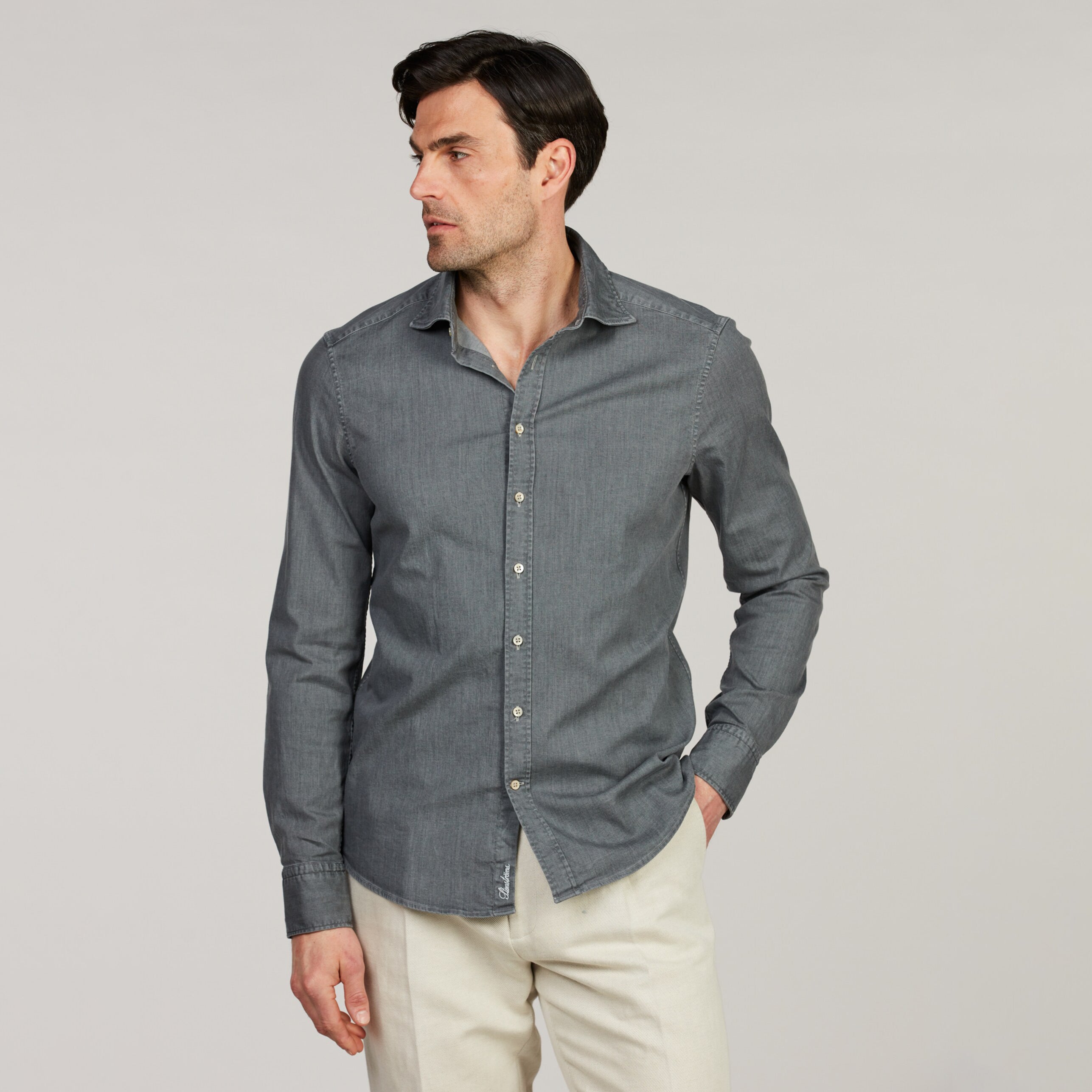 Gray Denim Cotton-Stretch Slimline Casual Shirt - Stenströms