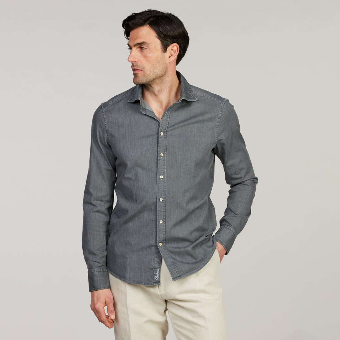 Gray Denim Cotton-Stretch Slimline Casual Shirt - Stenströms