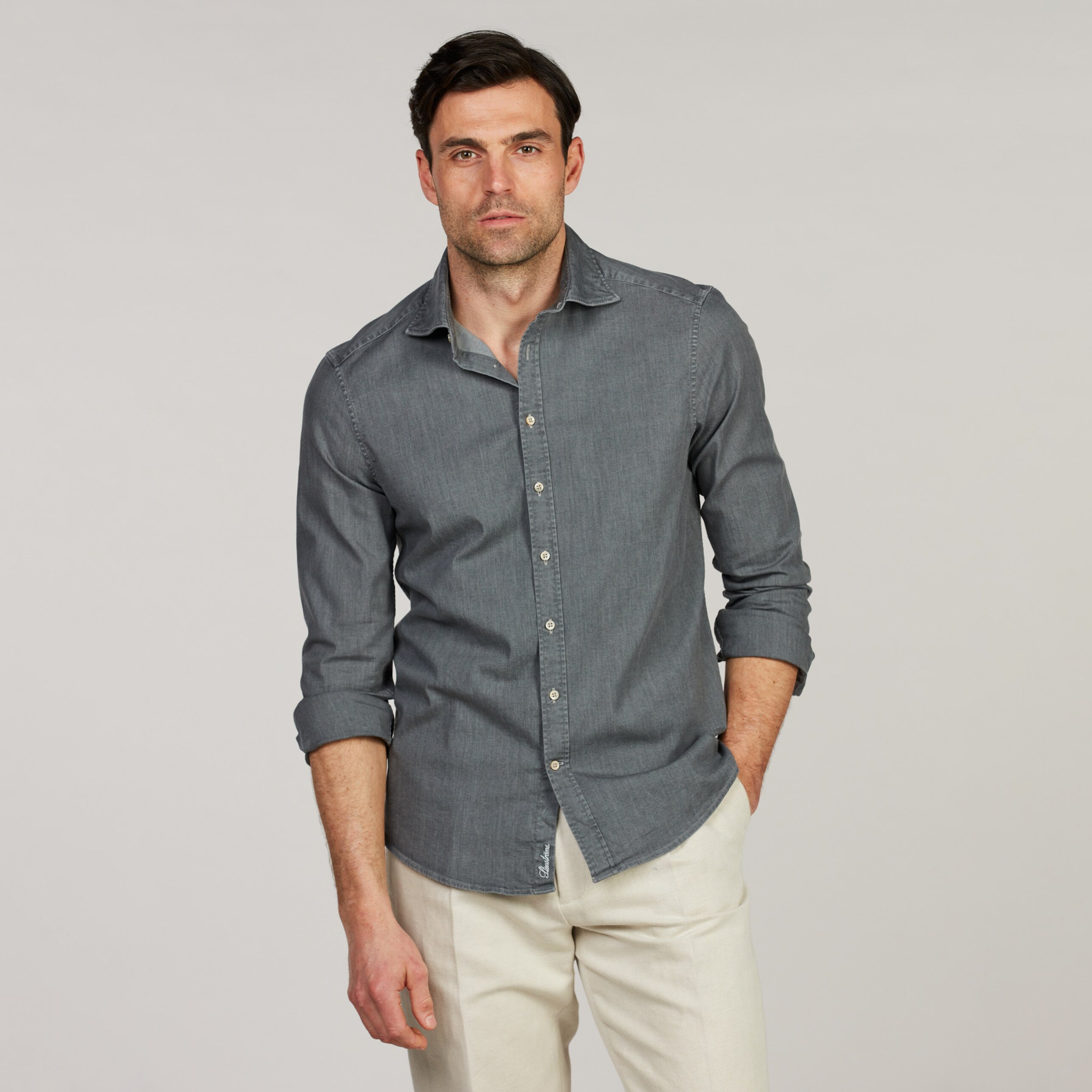 Gray Denim Cotton-Stretch Slimline Casual Shirt - Stenströms