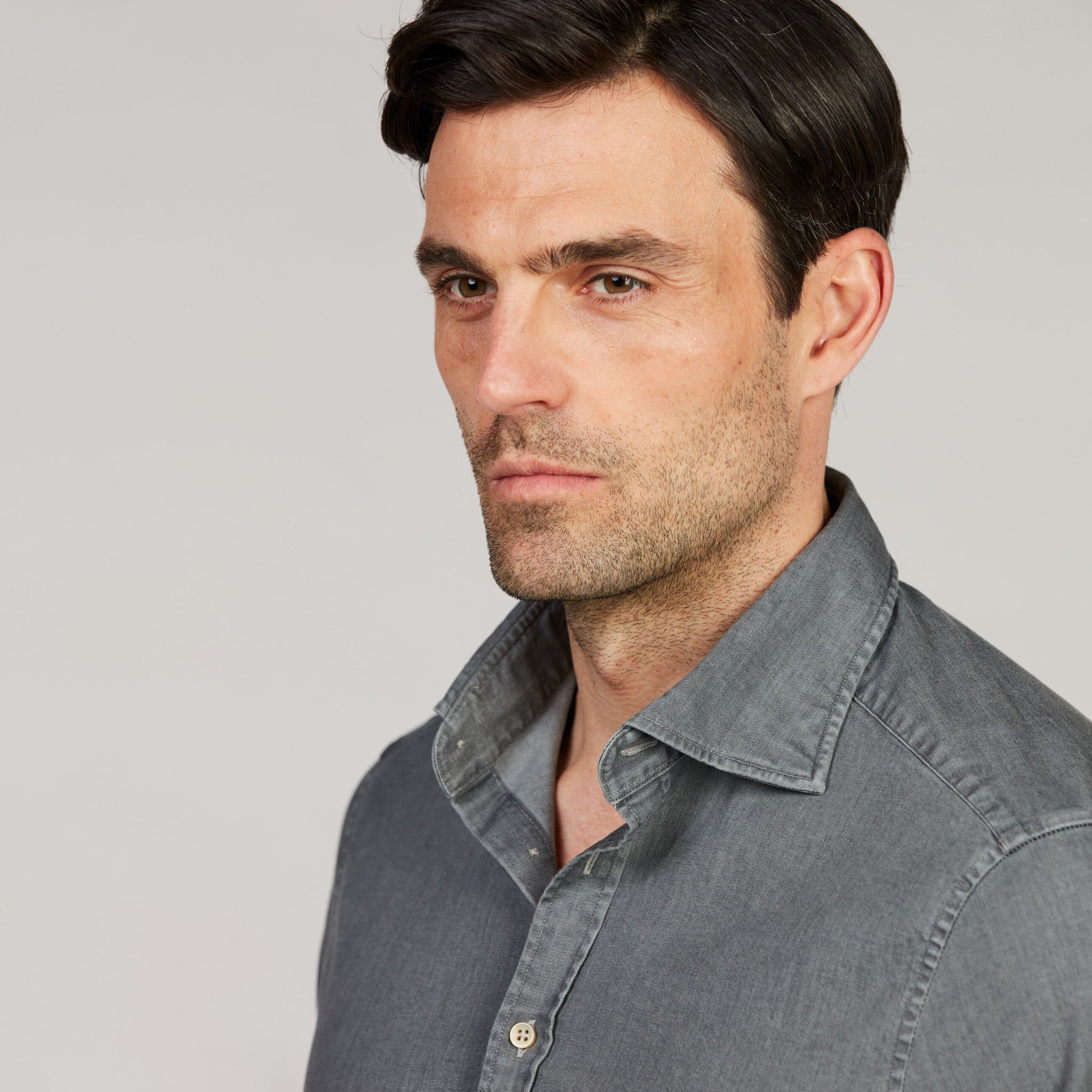 Gray Denim Cotton-Stretch Slimline Casual Shirt - Stenströms