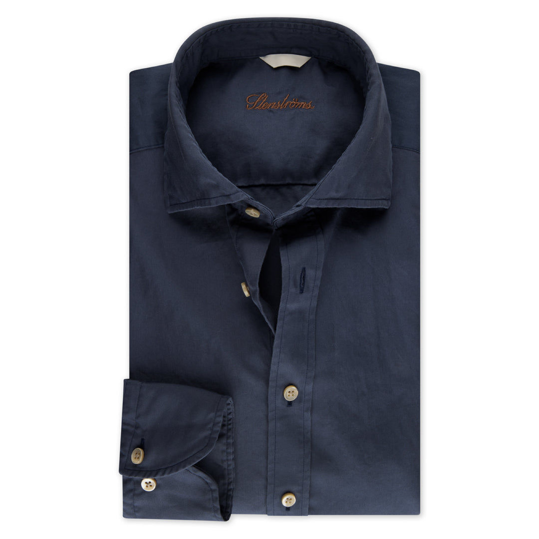 Navy Blue Solid Lyocell Slimline Casual Shirt - Stenströms
