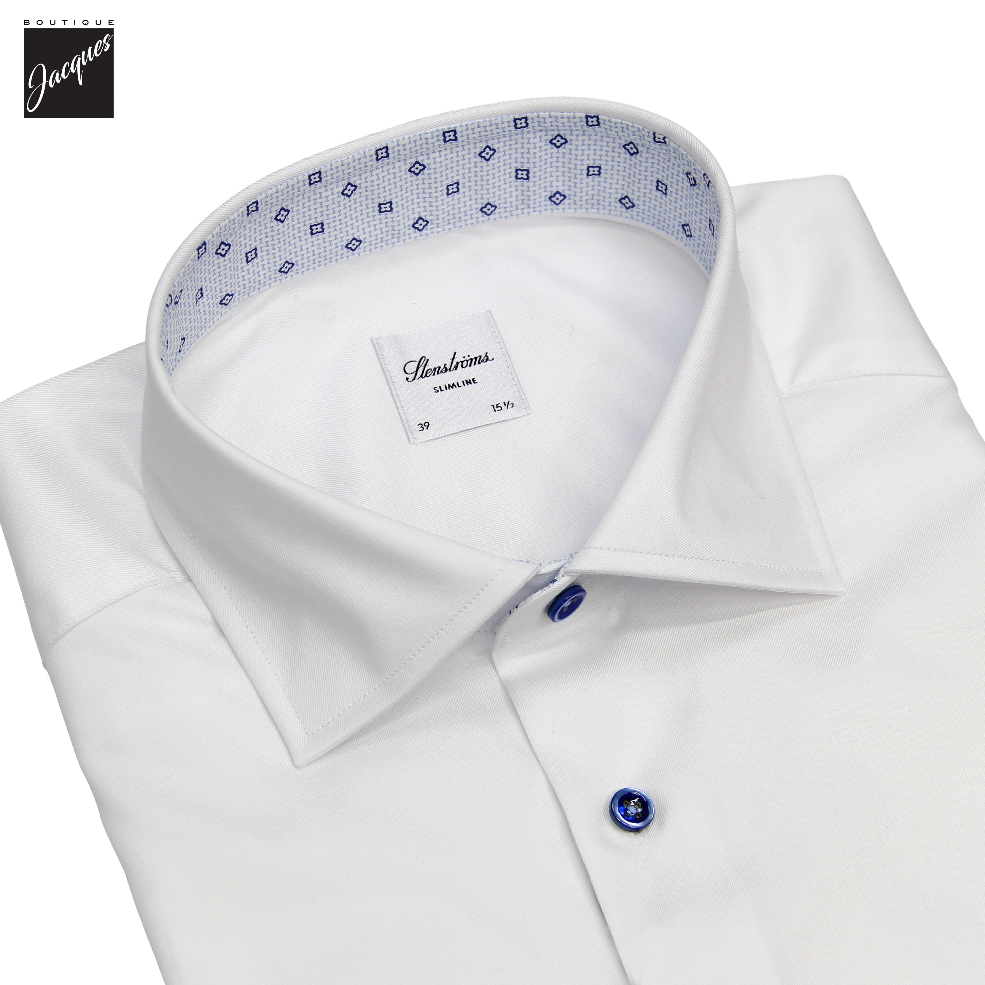 White Cotton Twill Slimline Dress Shirt with Blue Details - Stenströms