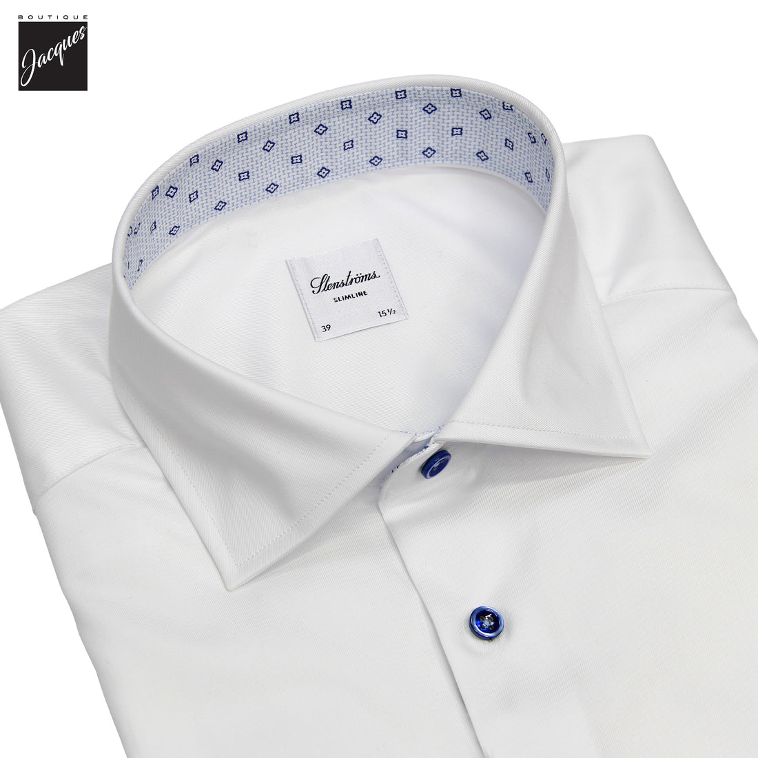 White Cotton Twill Slimline Dress Shirt with Blue Details - Stenströms