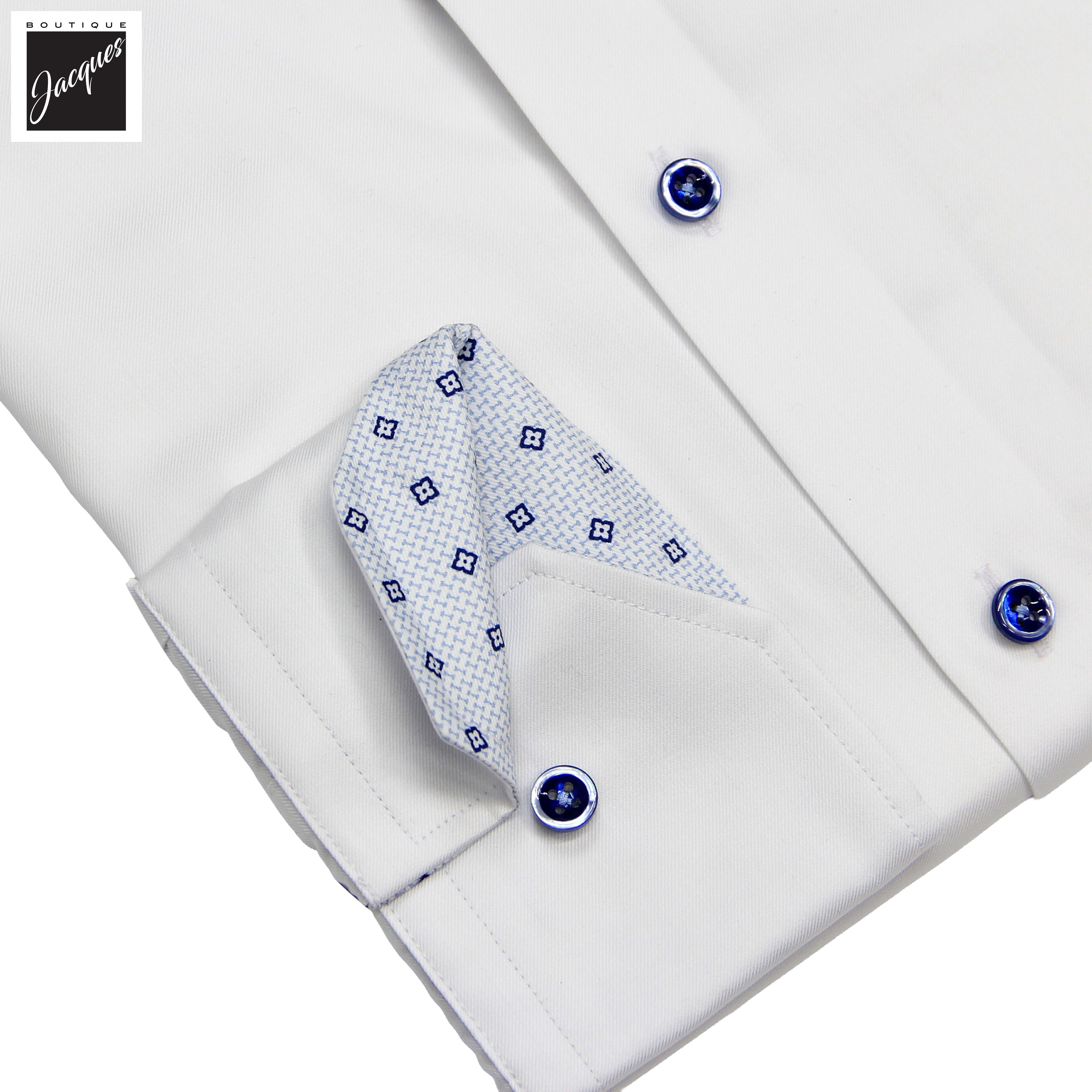 White Cotton Twill Slimline Dress Shirt with Blue Details - Stenströms