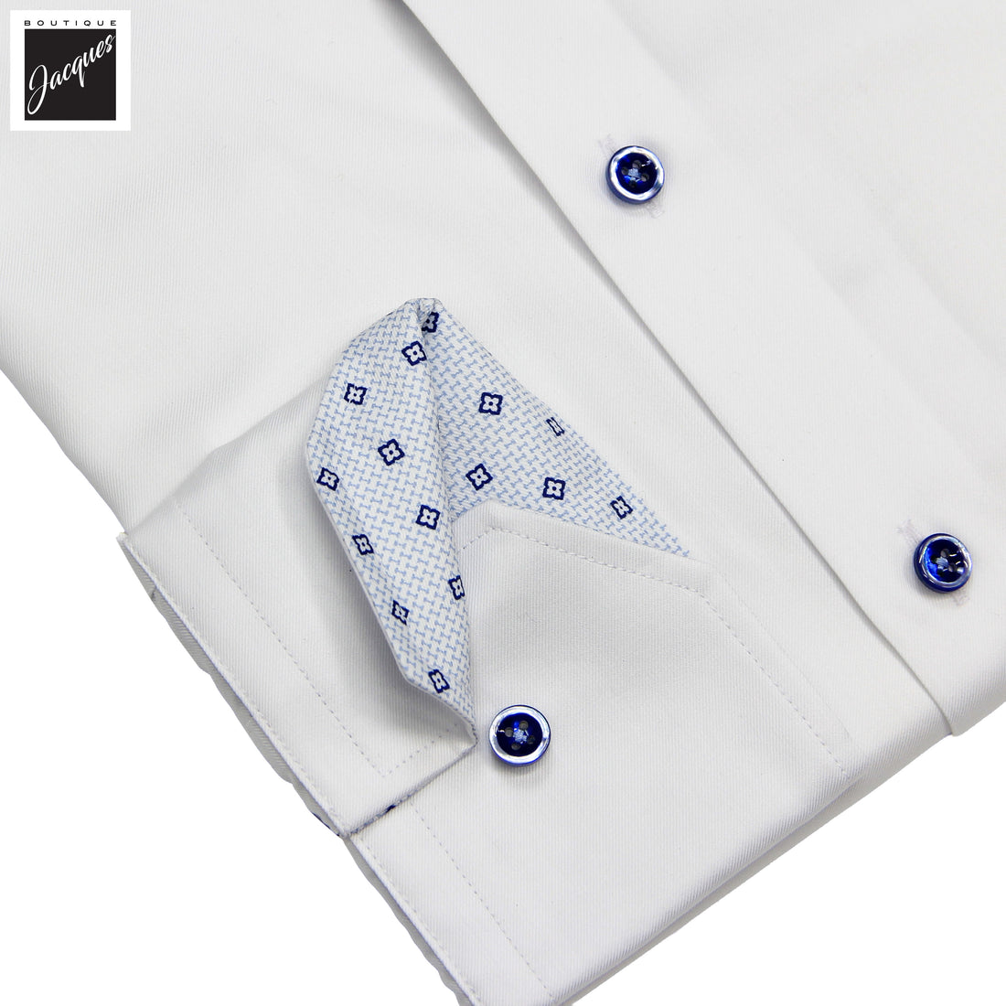 White Cotton Twill Slimline Dress Shirt with Blue Details - Stenströms