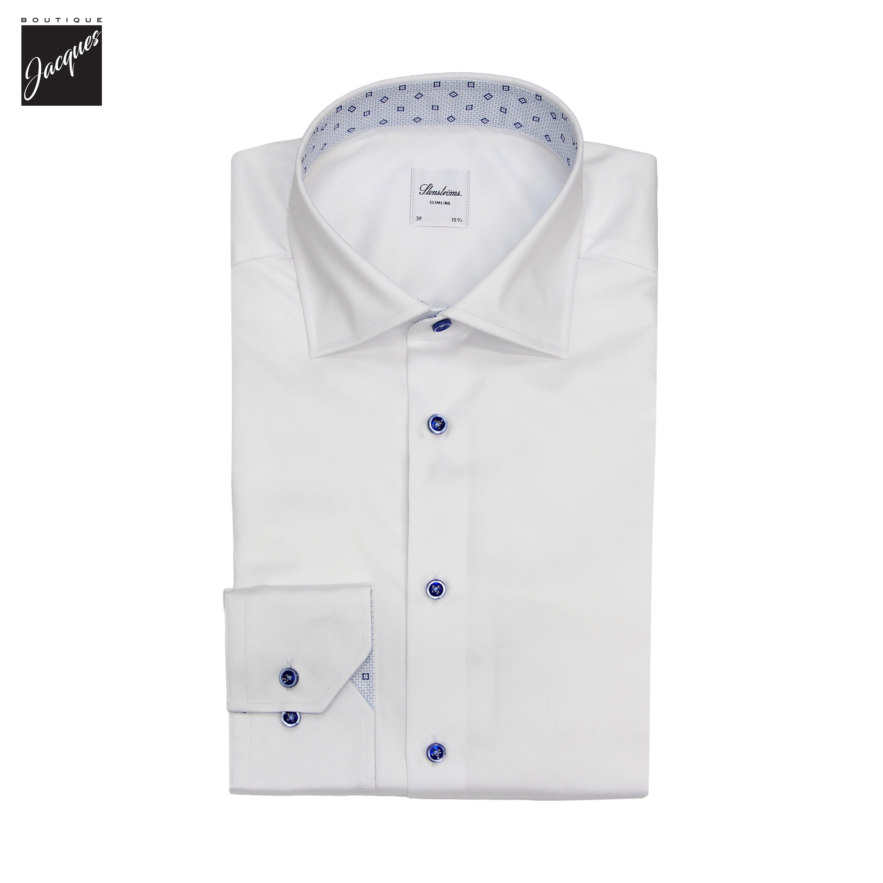 White Cotton Twill Slimline Dress Shirt with Blue Details - Stenströms