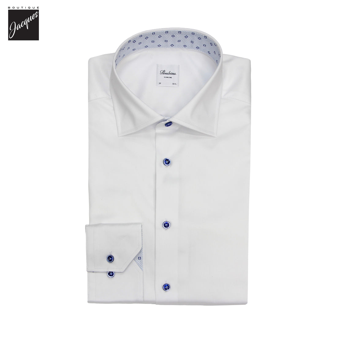 White Cotton Twill Slimline Dress Shirt with Blue Details - Stenströms