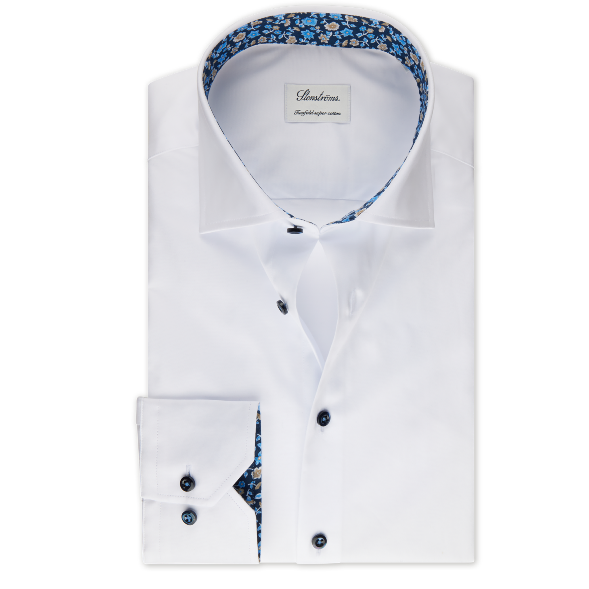 White w/ Blue Floral Trim Slimline Twill Shirt - Stenströms
