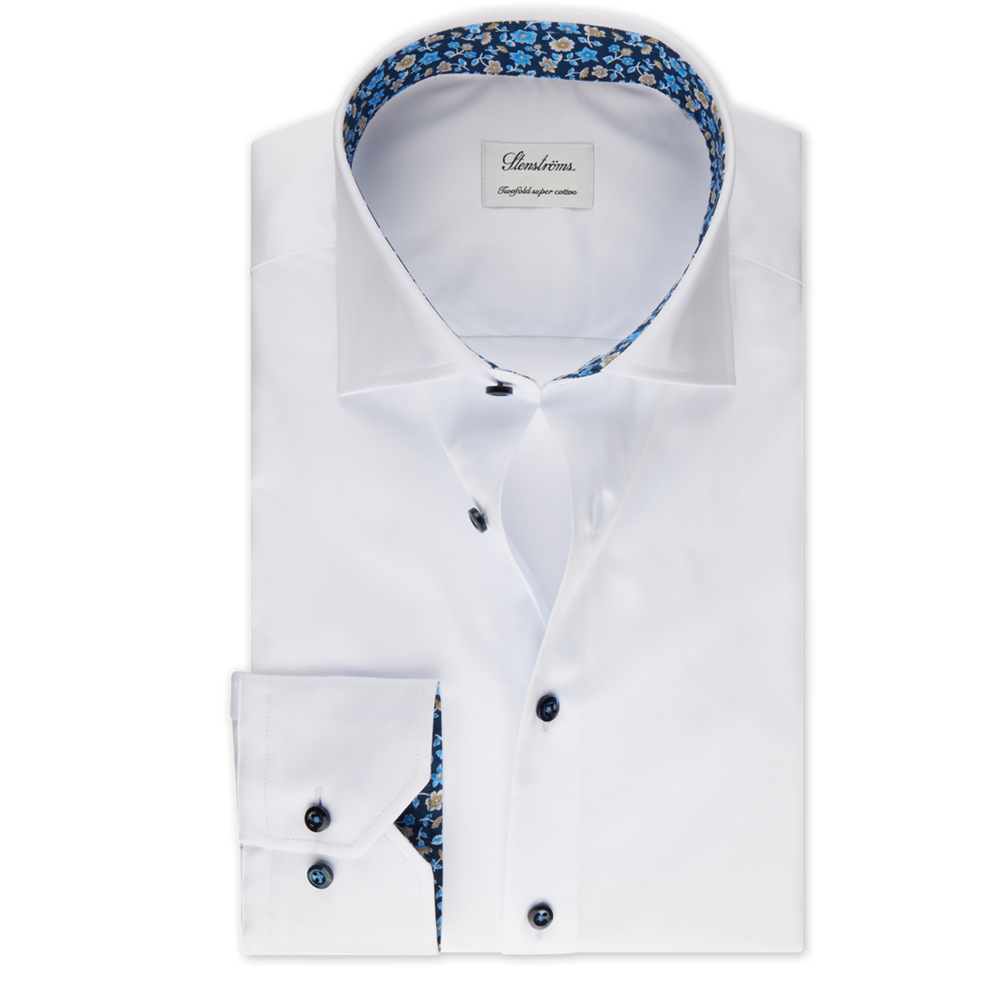 White w/ Blue Floral Trim Slimline Twill Shirt - Stenströms