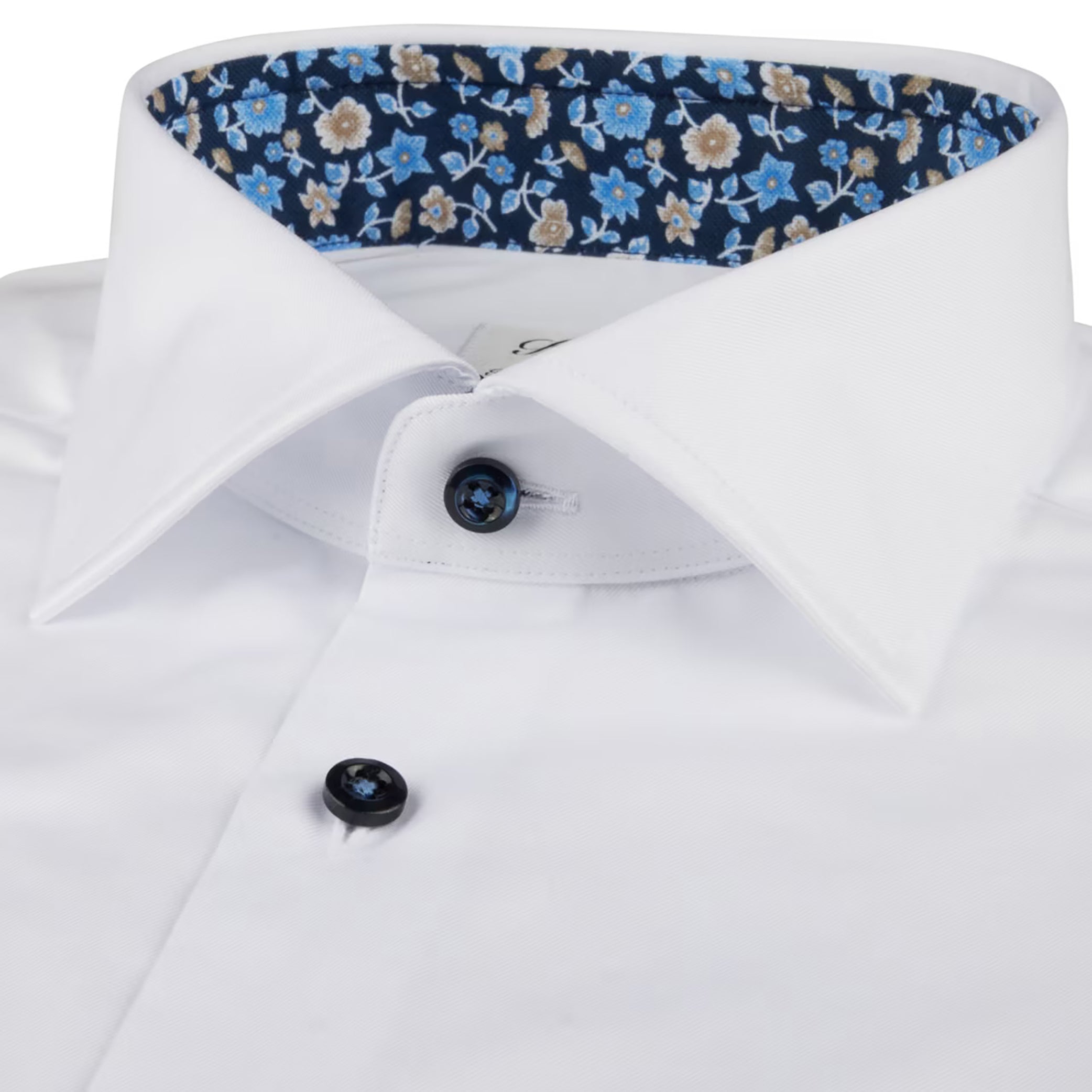 White w/ Blue Floral Trim Slimline Twill Shirt - Stenströms