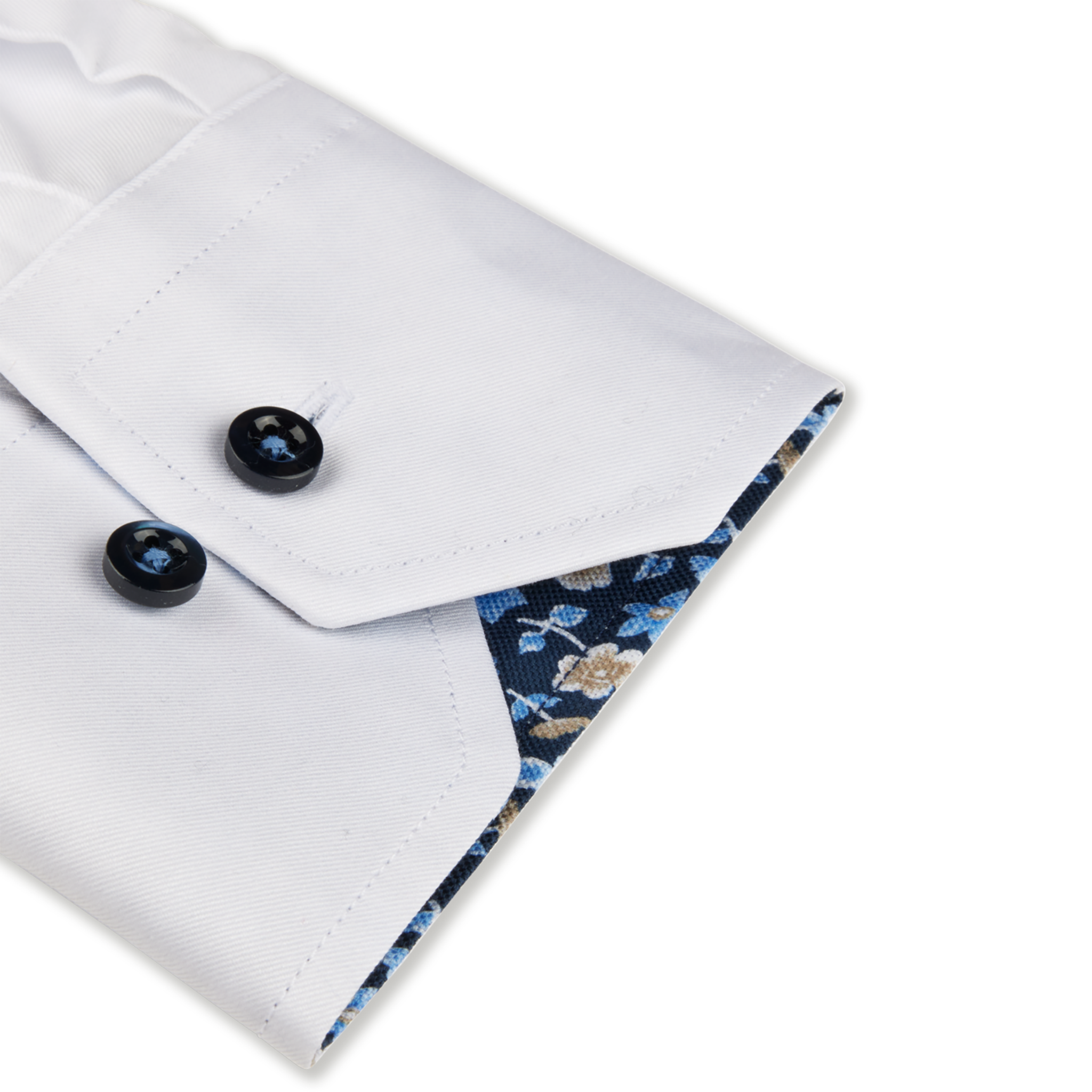White w/ Blue Floral Trim Slimline Twill Shirt - Stenströms