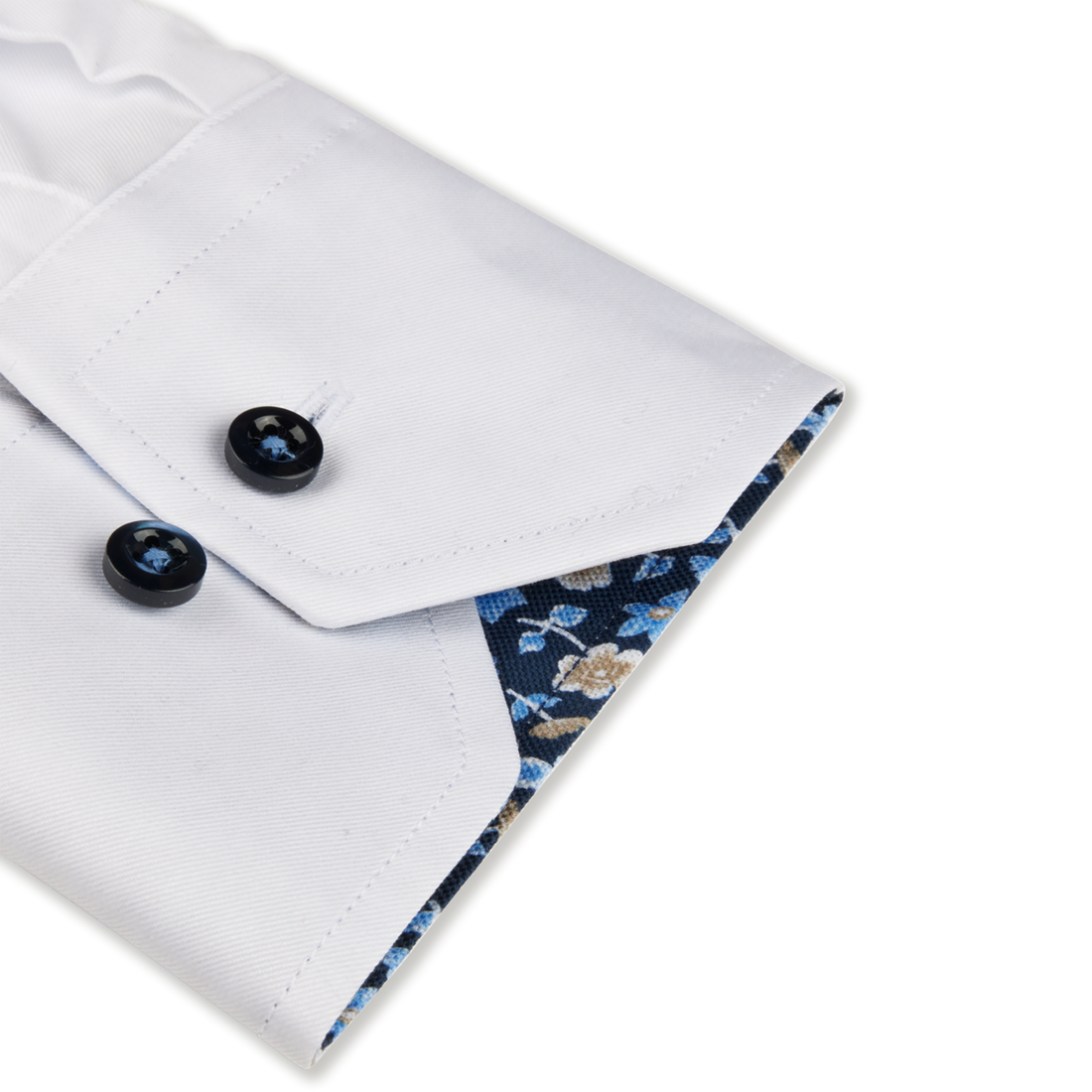 White w/ Blue Floral Trim Slimline Twill Shirt - Stenströms