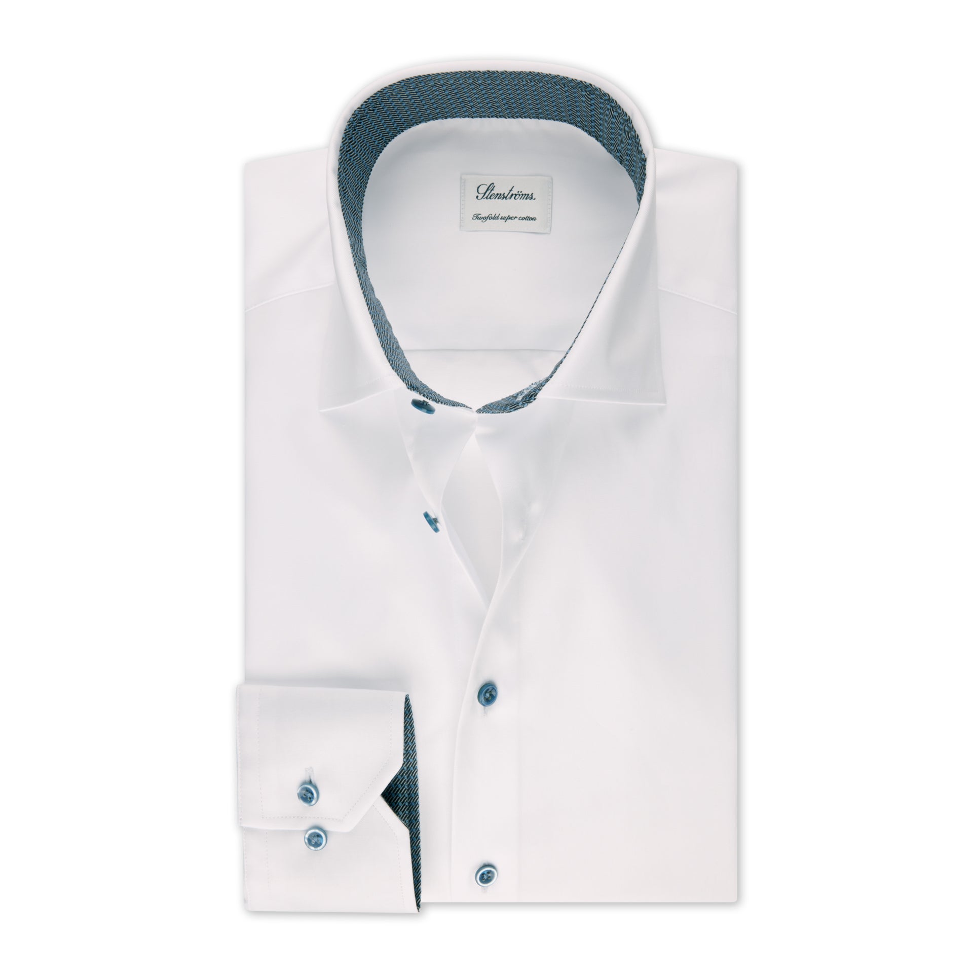 White with Blue Contrast Slimline Cotton Twill Shirt - Stenströms