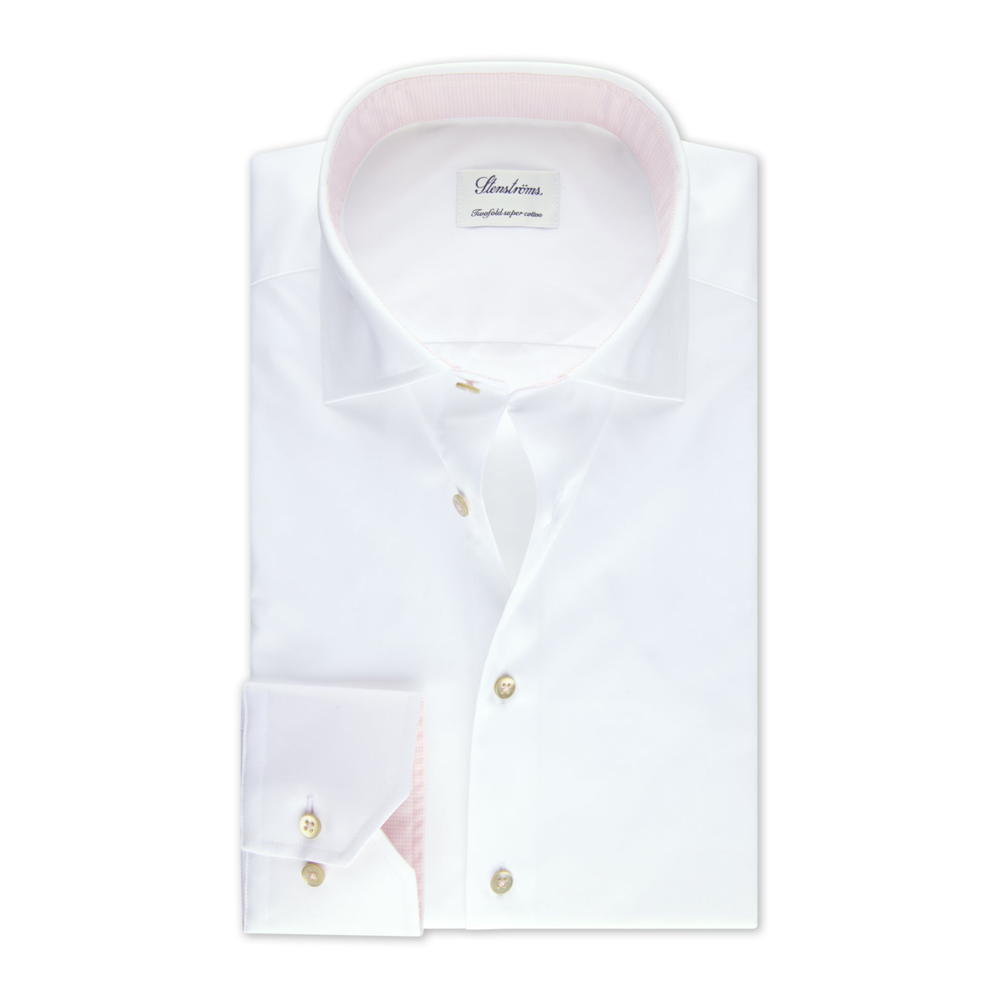 White with Pink Contrast Trim Cotton Twill Slimline Shirt - Stenströms