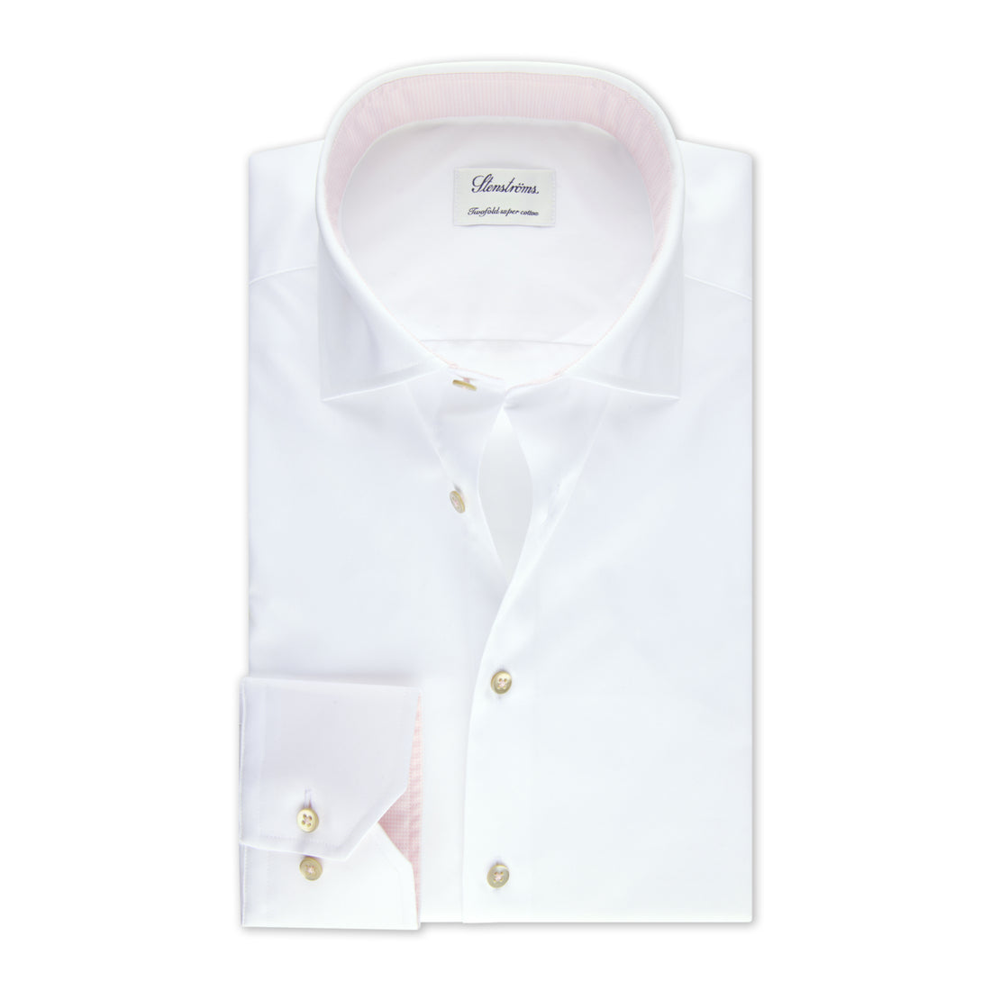 White with Pink Contrast Trim Cotton Twill Slimline Shirt - Stenströms