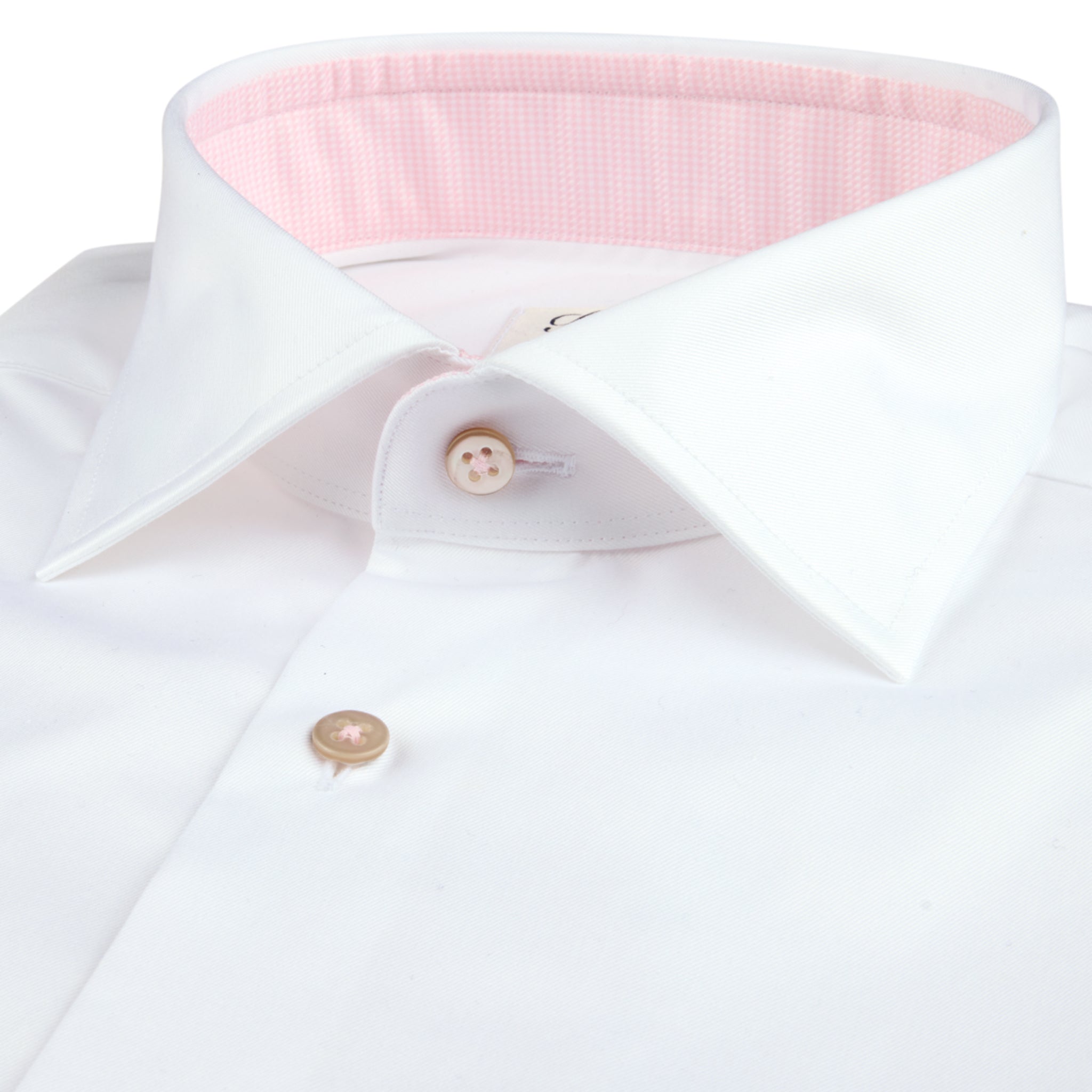 White with Pink Contrast Trim Cotton Twill Slimline Shirt - Stenströms