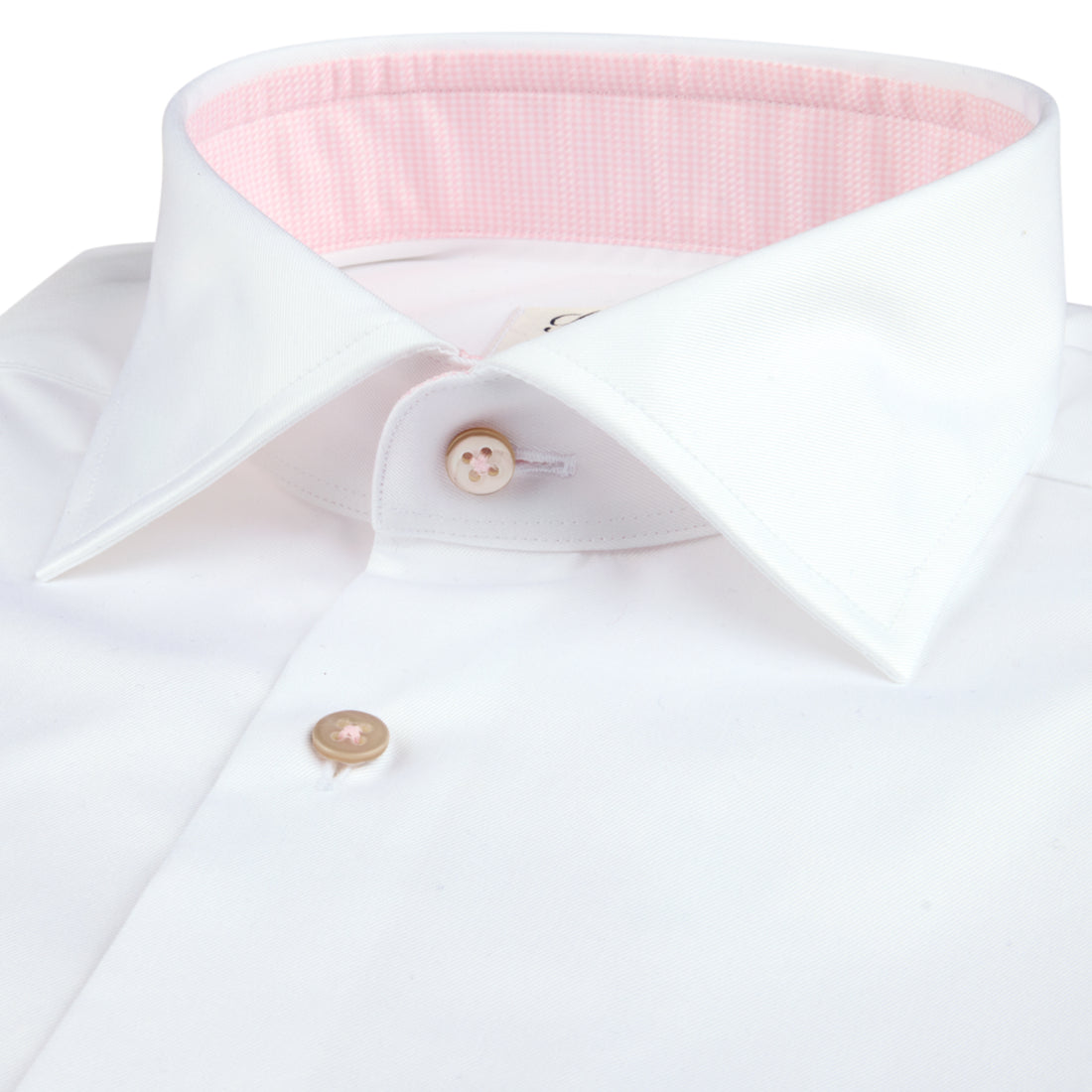 White with Pink Contrast Trim Cotton Twill Slimline Shirt - Stenströms