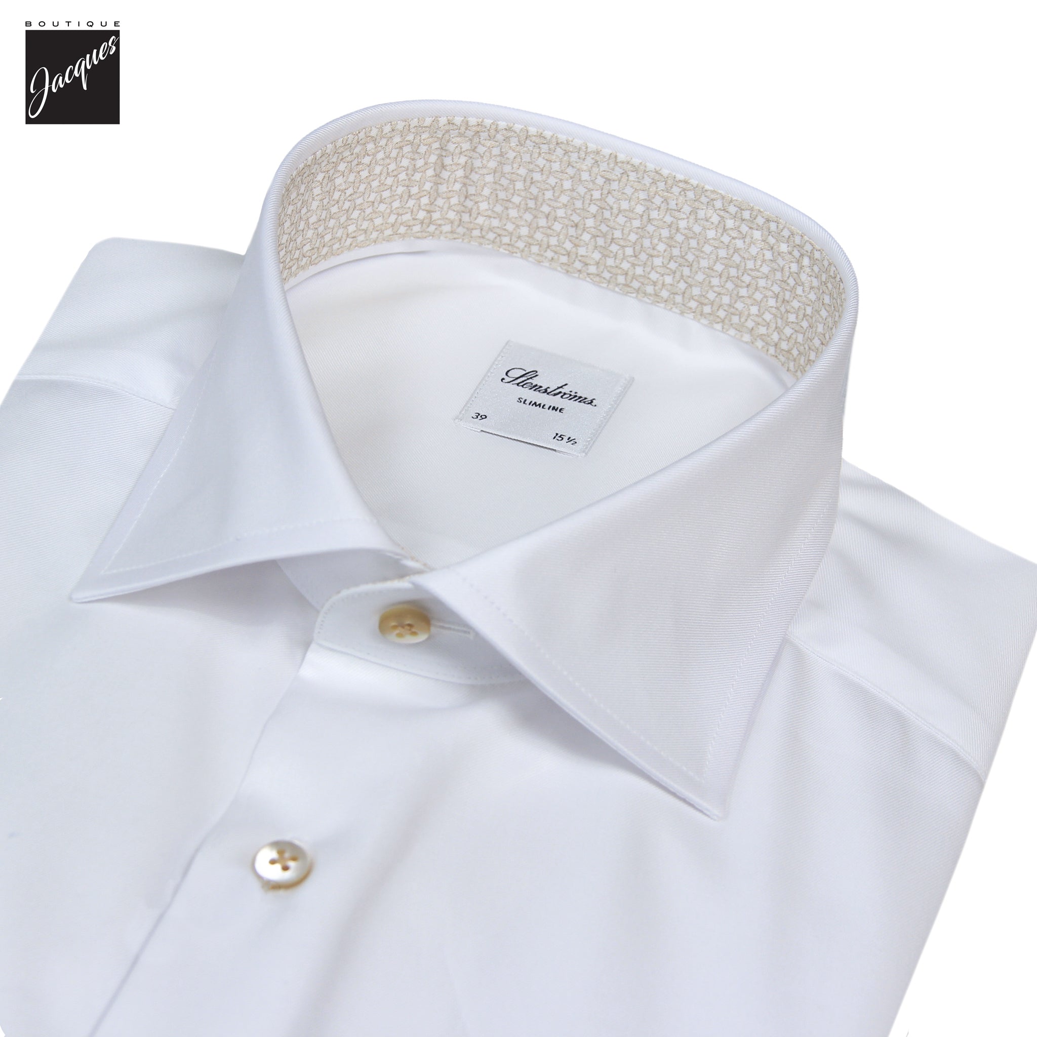 White Twill Slimline Dress Shirt with Beige Contrast Details - Stenströms