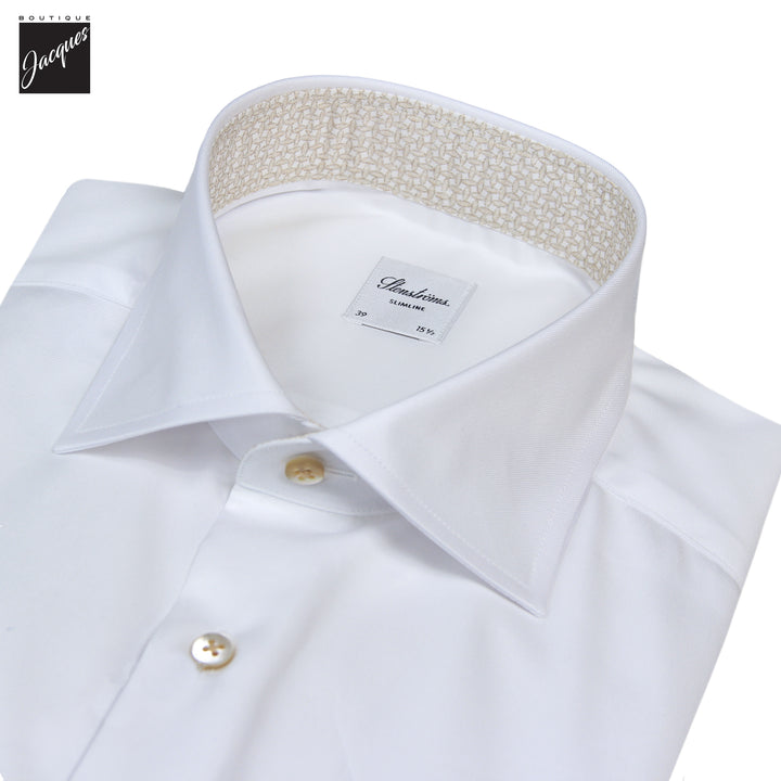 White Twill Slimline Dress Shirt with Beige Contrast Details - Stenströms