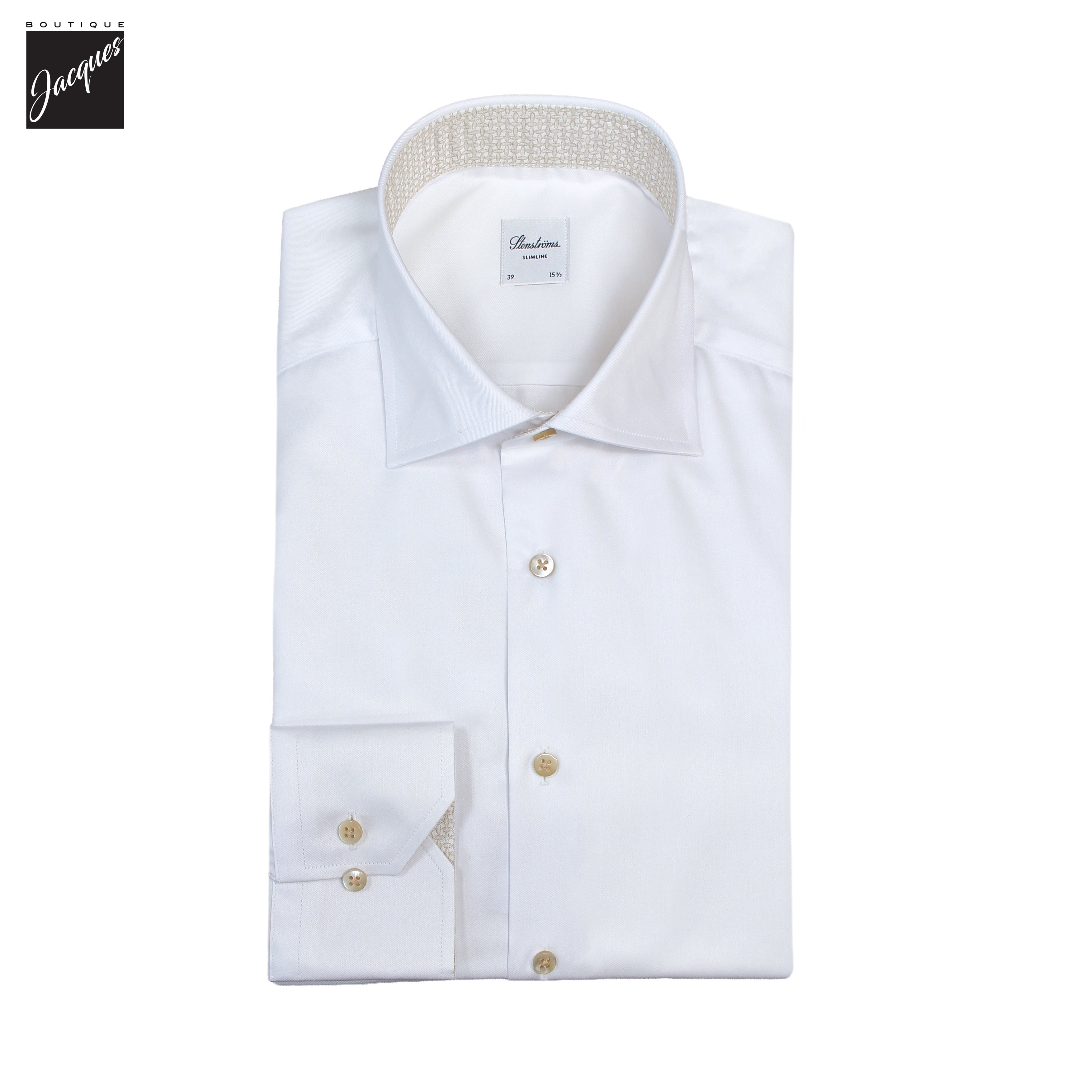 White Twill Slimline Dress Shirt with Beige Contrast Details - Stenströms