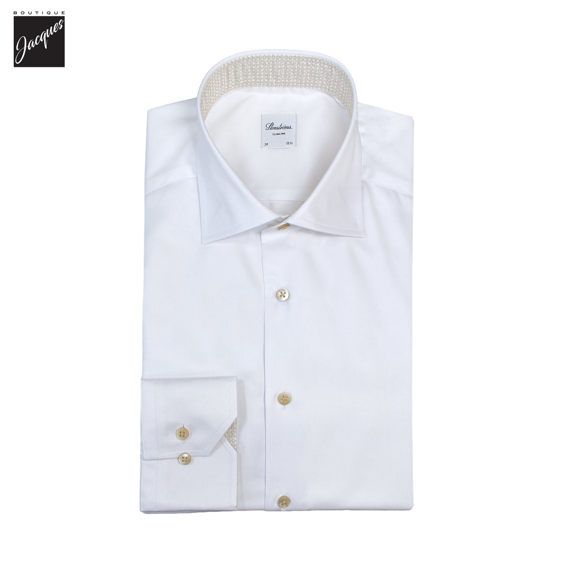 White Twill Slimline Dress Shirt with Beige Contrast Details - Stenströms