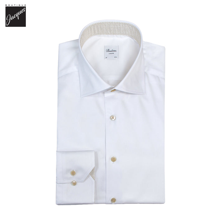 White Twill Slimline Dress Shirt with Beige Contrast Details - Stenströms