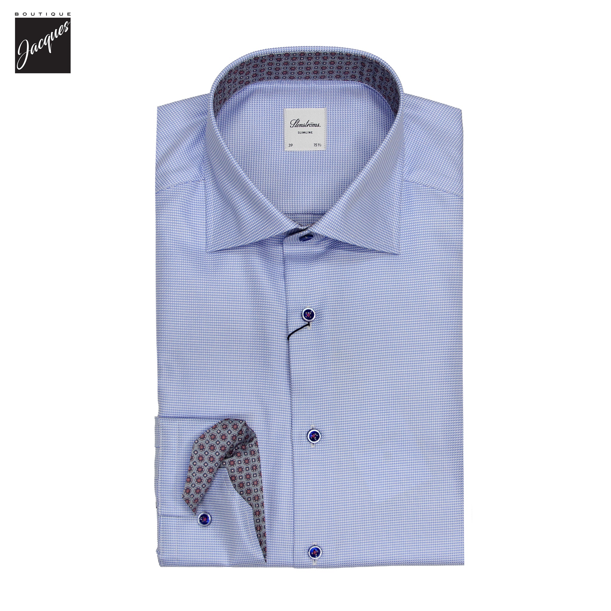 Blue Semi-Solid Twill Slimline Dress Shirt with Contrast - Stenströms
