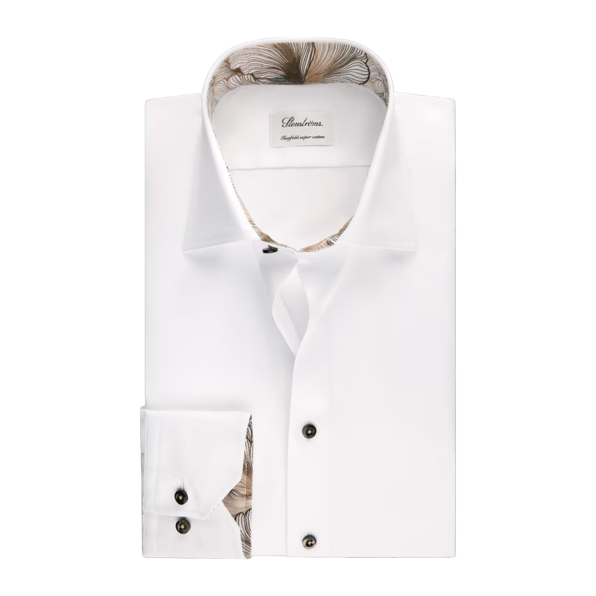 White with Floral Trim Cotton Twill Slimline Shirt - Stenströms