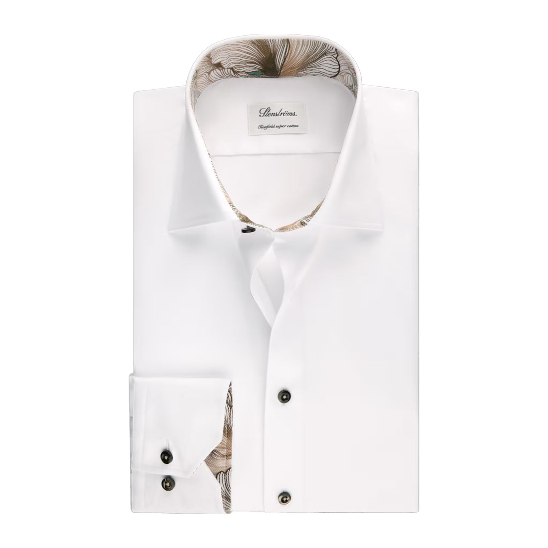 White with Floral Trim Cotton Twill Slimline Shirt - Stenströms