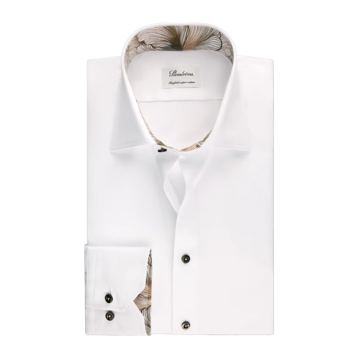 White with Floral Trim Cotton Twill Slimline Shirt - Stenströms - Boutique Jacques International