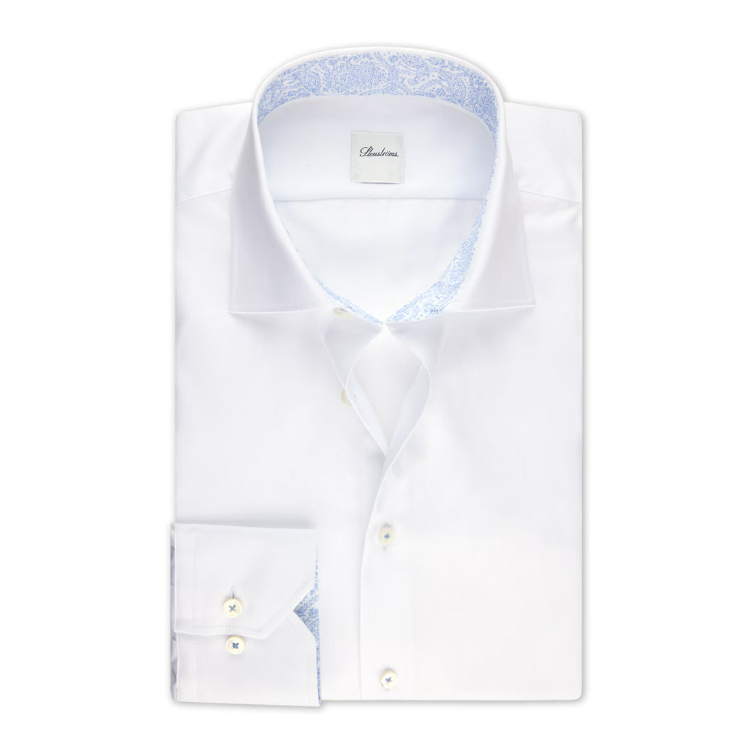 White Cotton Twill Slimline Dress Shirt w/ Paisley Trim - Stenströms - Boutique Jacques International