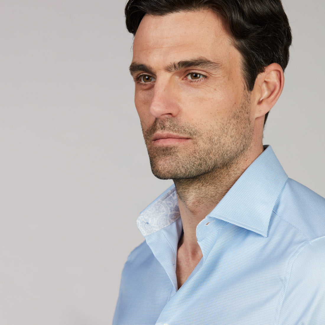 Light blue Twill Slimline Shirt with Paisley Contrast Trims - Stenströms