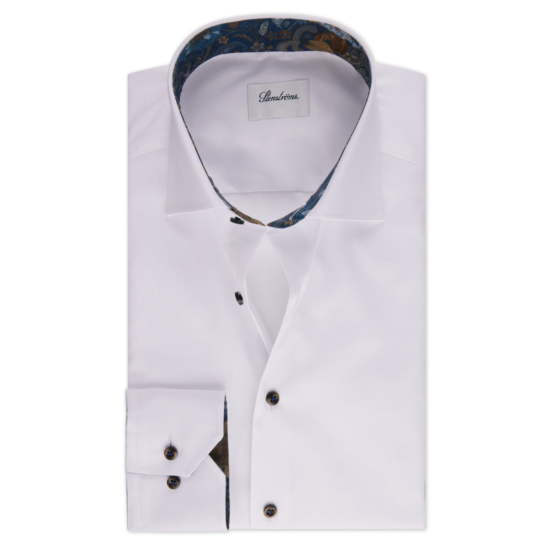White w/ Brown & Blue Contrast Twill Slimline Shirt - Stenströms