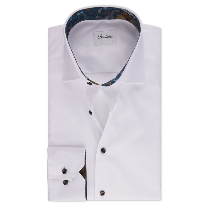 White w/ Brown & Blue Contrast Twill Slimline Shirt - Stenströms