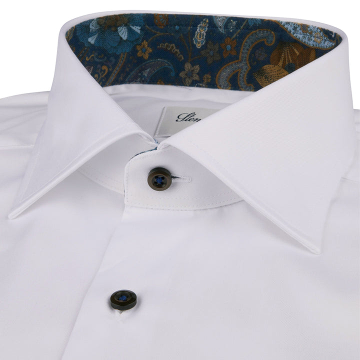 White w/ Brown & Blue Contrast Twill Slimline Shirt - Stenströms