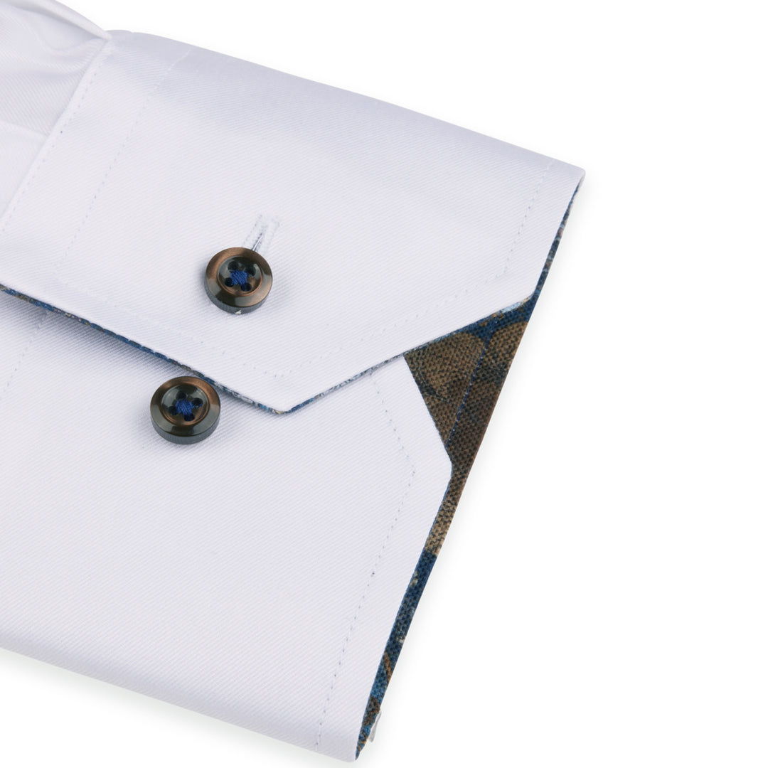 White w/ Brown & Blue Contrast Twill Slimline Shirt - Stenströms