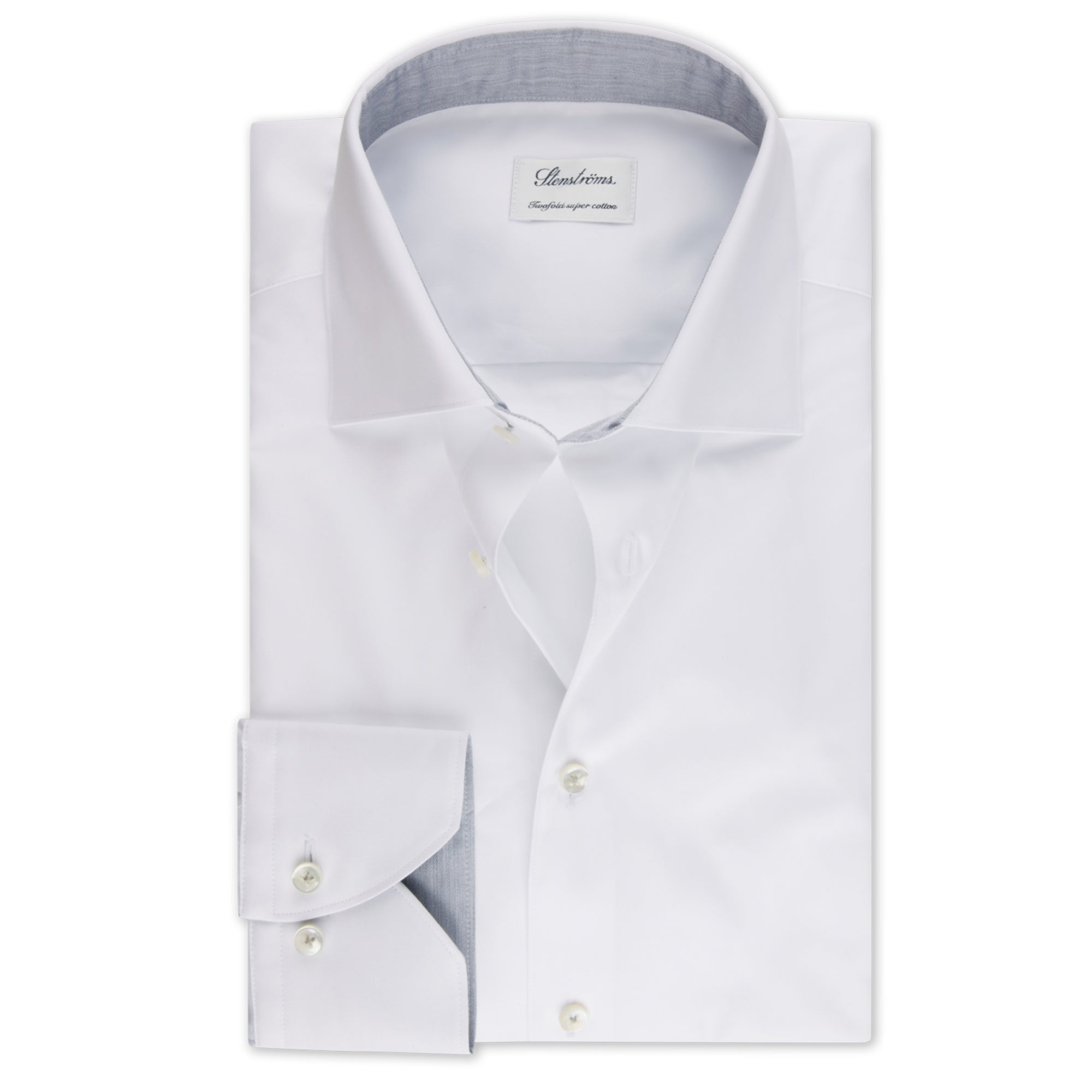 White w/ Gray Contrast Twofold Cotton Slimline Shirt - Stenströms