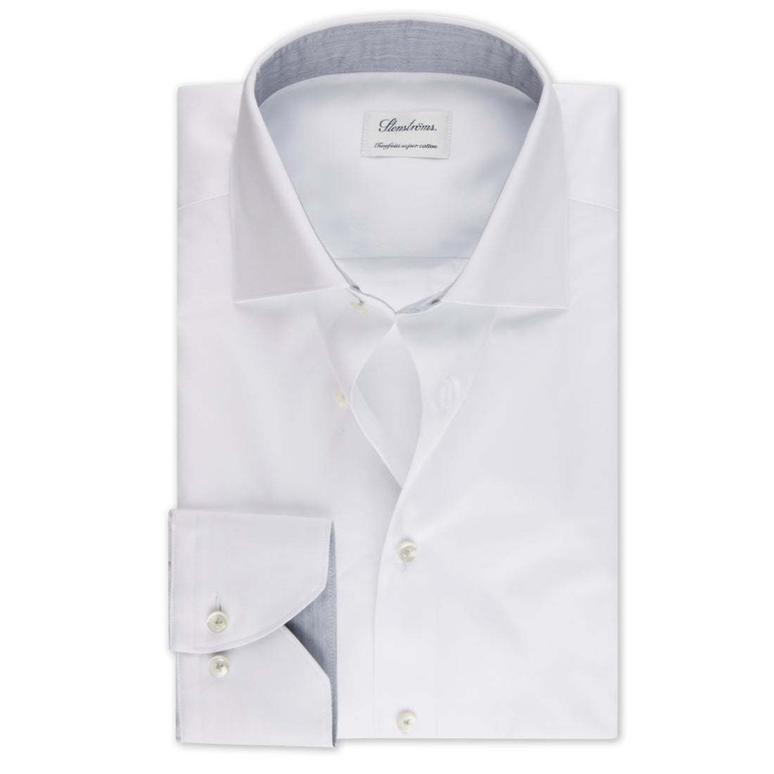 White w/ Gray Contrast Twofold Cotton Slimline Shirt - Stenströms
