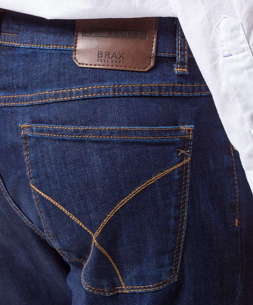 Blue-black dark-wash stretch denim five-pocket jeans by Brax, regular fit