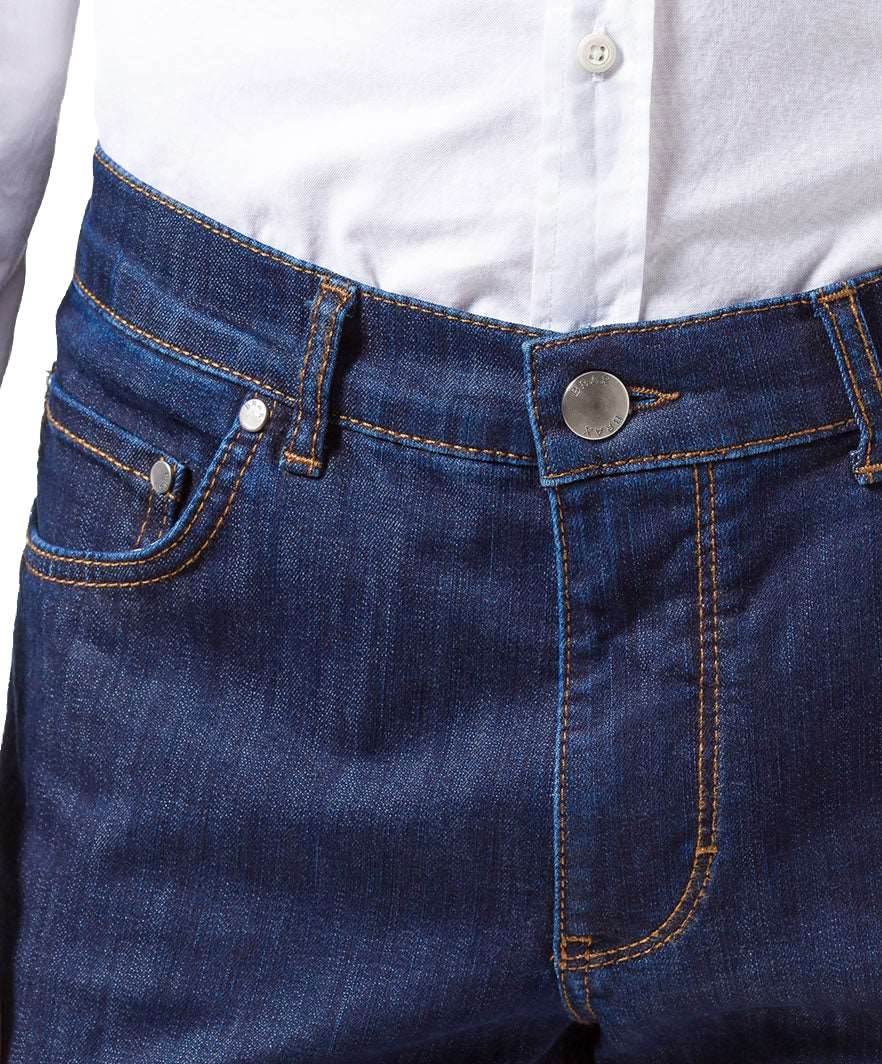 Blue-black dark-wash stretch denim five-pocket jeans by Brax, regular fit