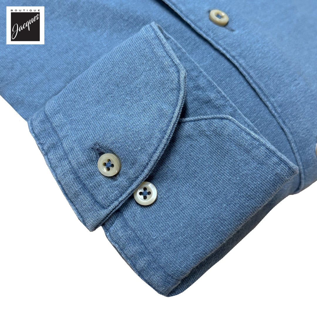 Denim Blue Cotton Jersey Slimline Casual Shirt - Stenströms