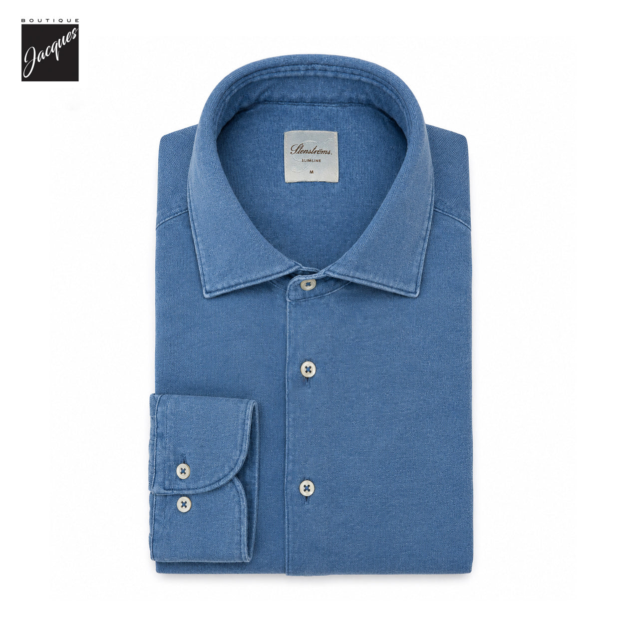 Denim Blue Cotton Jersey Slimline Casual Shirt - Stenströms