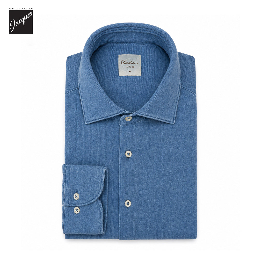 Denim Blue Cotton Jersey Slimline Casual Shirt - Stenströms