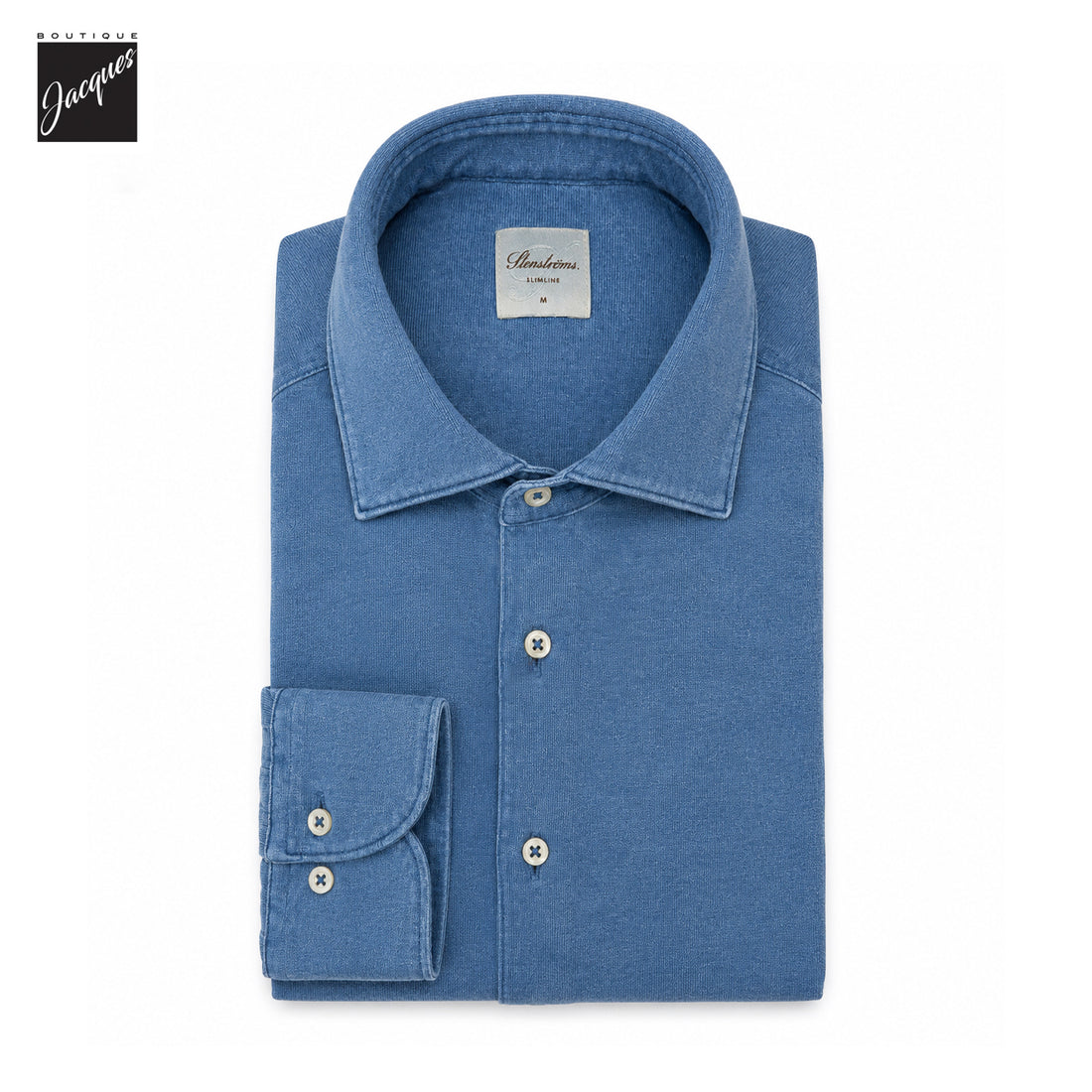 Denim Blue Cotton Jersey Slimline Casual Shirt - Stenströms