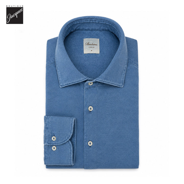 Denim Blue Cotton Jersey Slimline Casual Shirt - Stenströms