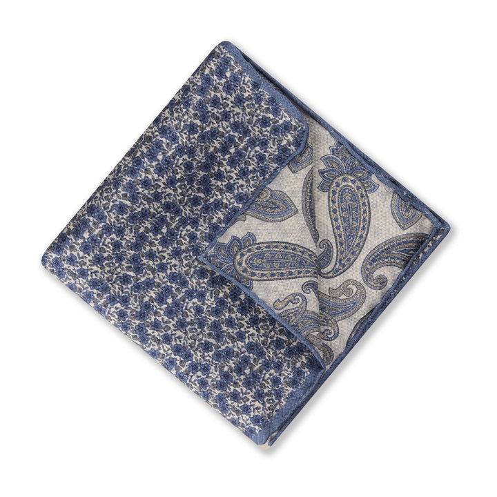 Blue & Gray Paisley/Floral Reversible Silk Hankie - Stenströms