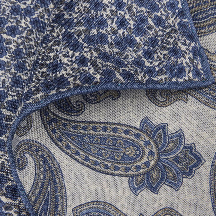 Blue & Gray Paisley/Floral Reversible Silk Hankie - Stenströms