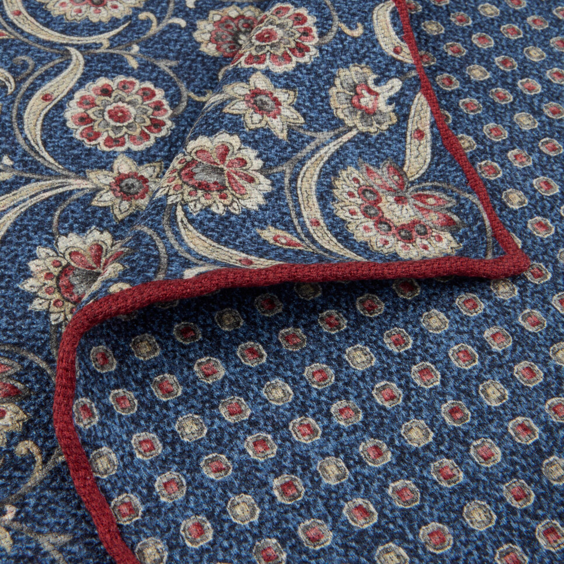 Navy & Red Floral/Medallion Reversible Silk Hankie - Stenströms