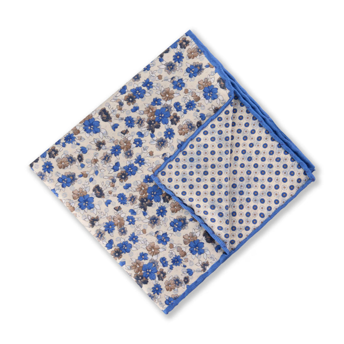 Champagne & Blue Floral Patterned Reversible Silk Hankie - Stenströms